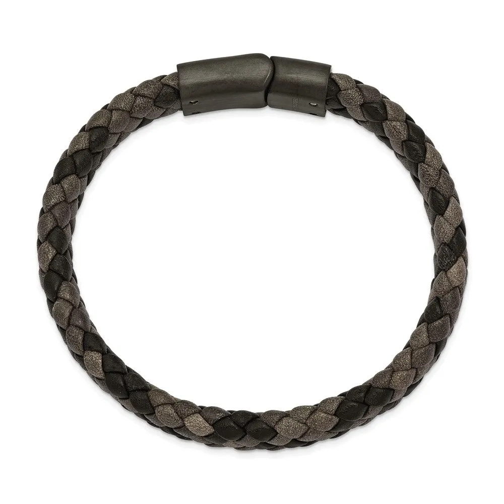 11mm Gunmetal Plated Stainless Steel & Brown Leather Bracelet, 8.25 In