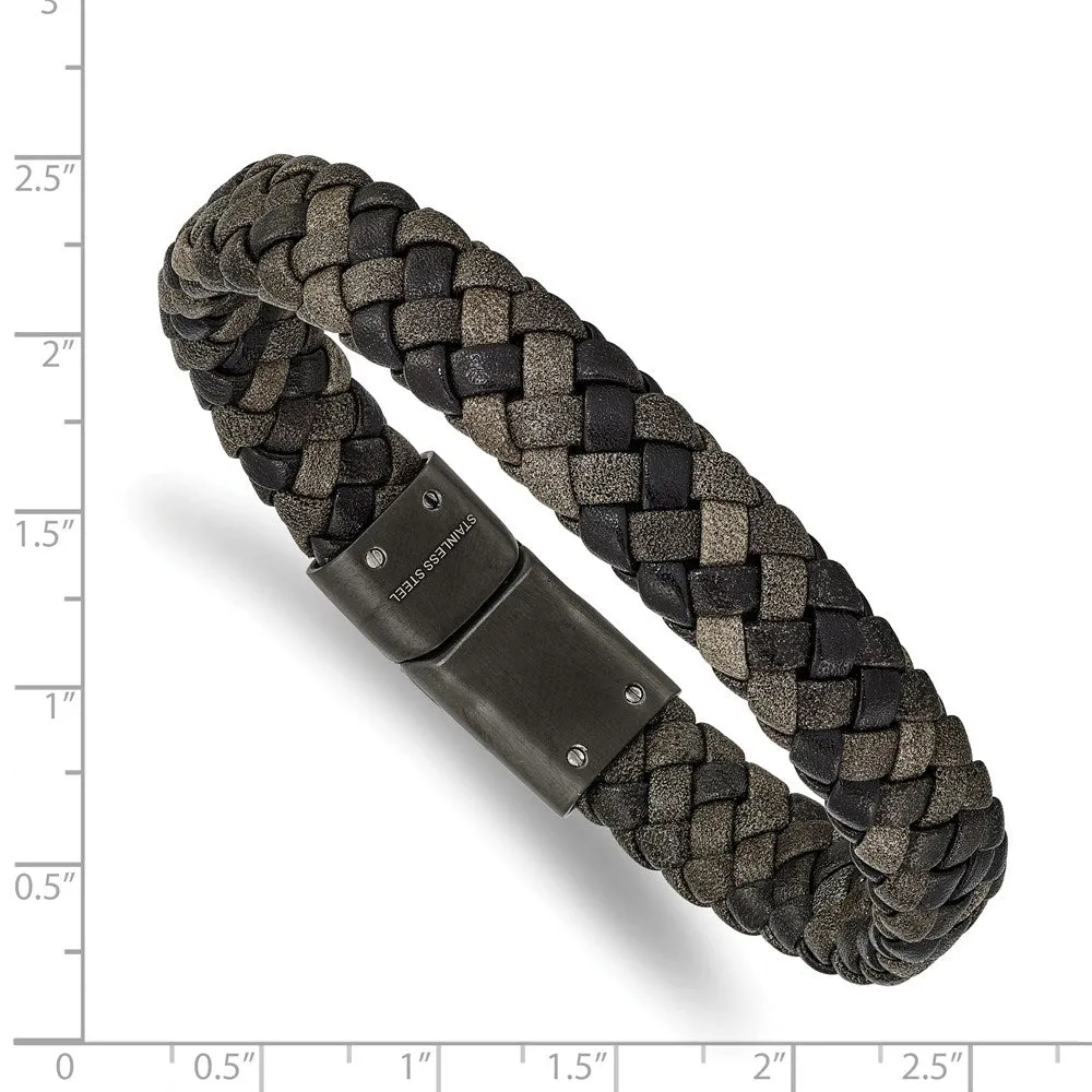 11mm Gunmetal Plated Stainless Steel & Brown Leather Bracelet, 8.25 In