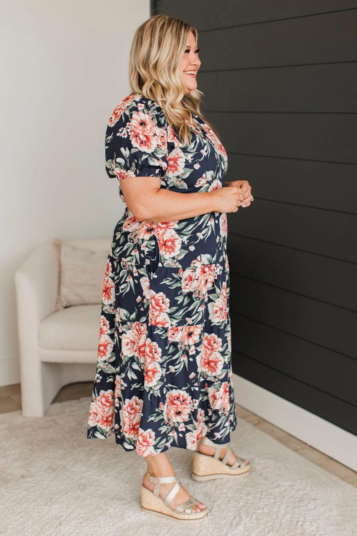 All I'm looking For Floral Midi Dress- Dark Navy