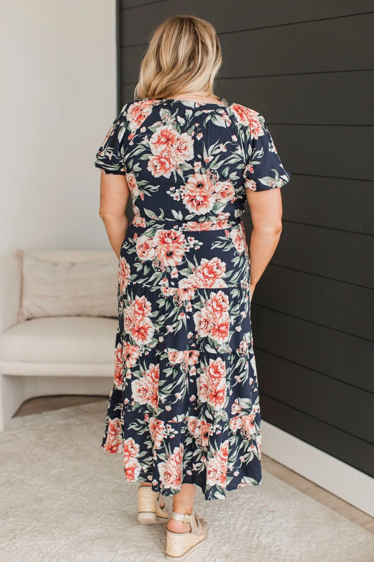 All I'm looking For Floral Midi Dress- Dark Navy