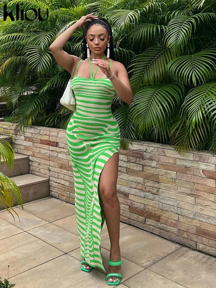 Ashore Shop Irregularly Striped Print Maxi Dress Women Spaghetti Strap Bandage Body-shaping Robe Female Hipster Elegant Street V