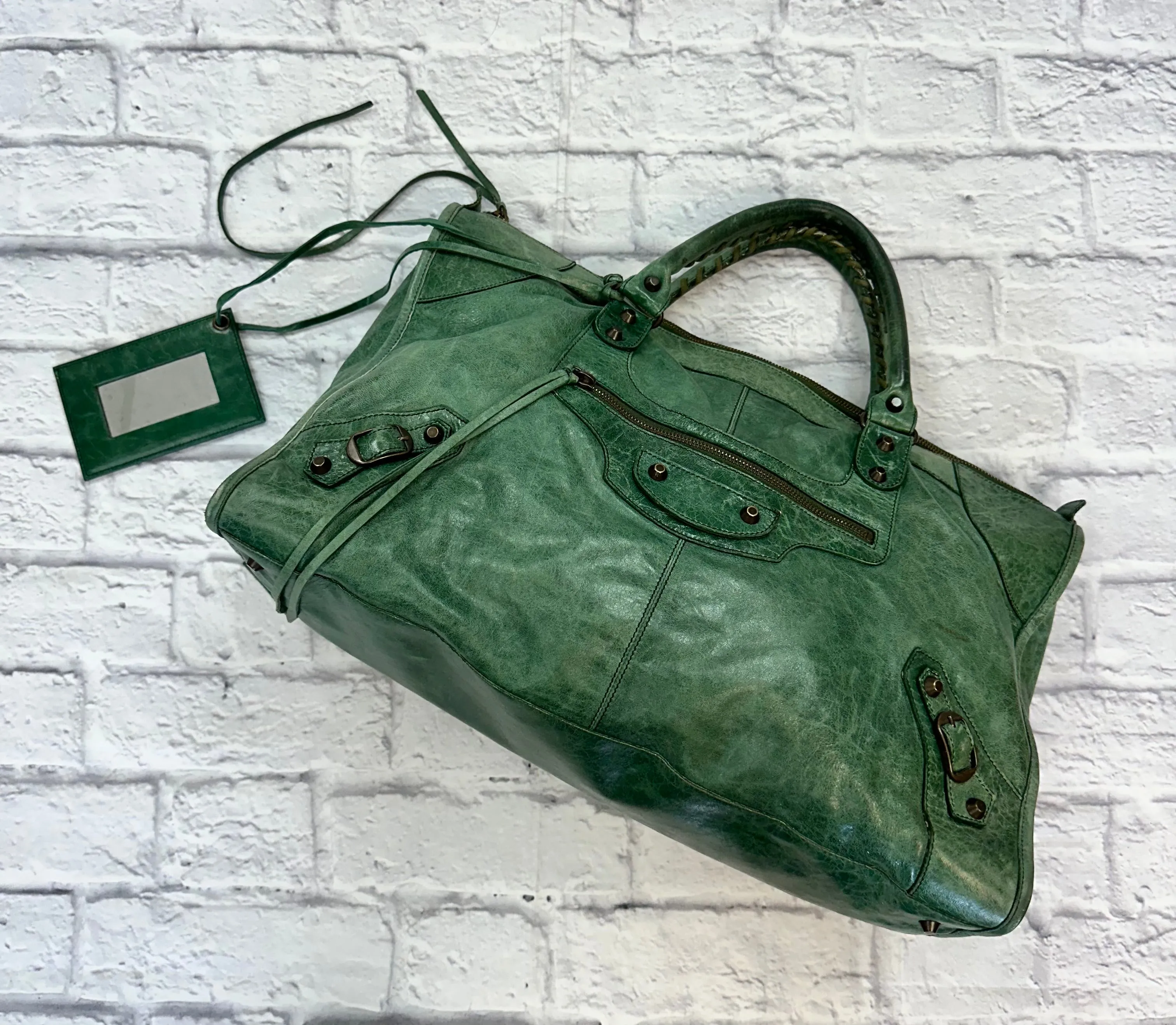 Balenciaga Green Crinkled Leather Large City Bag