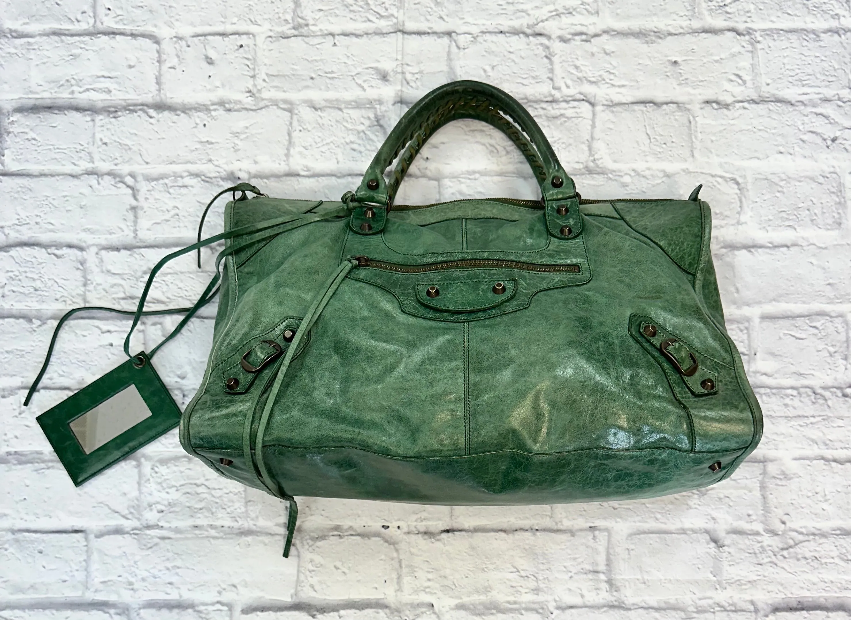 Balenciaga Green Crinkled Leather Large City Bag