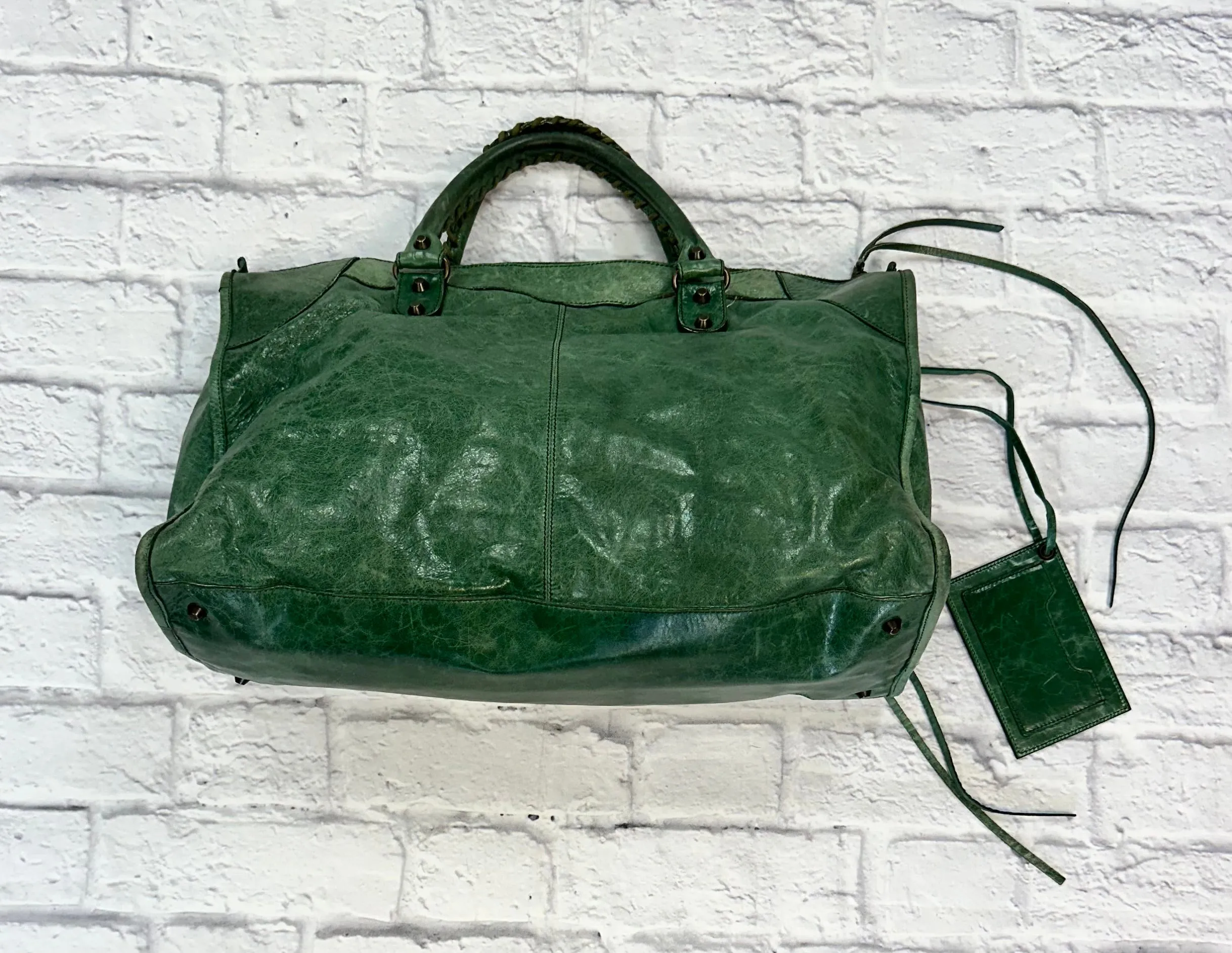 Balenciaga Green Crinkled Leather Large City Bag