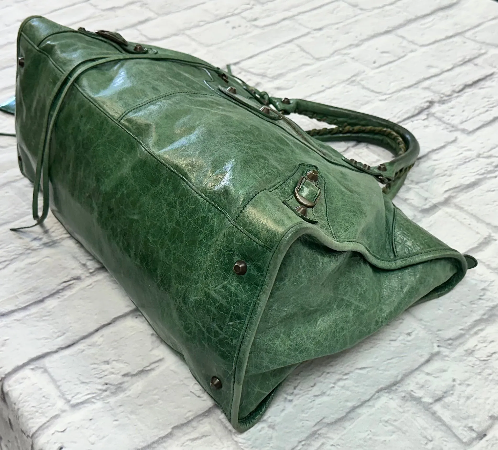 Balenciaga Green Crinkled Leather Large City Bag