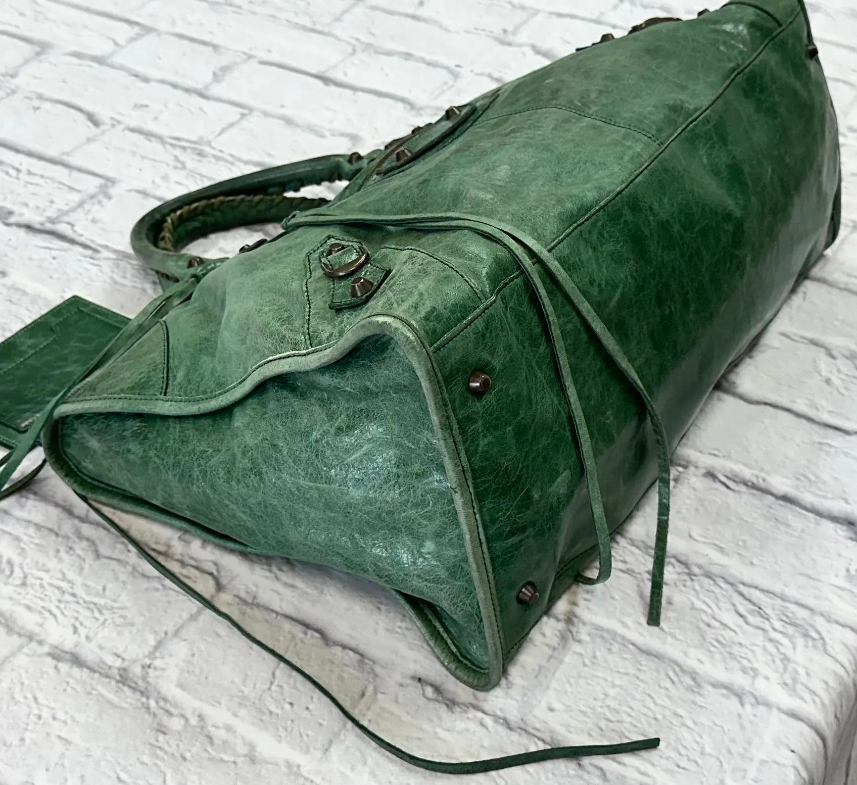 Balenciaga Green Crinkled Leather Large City Bag