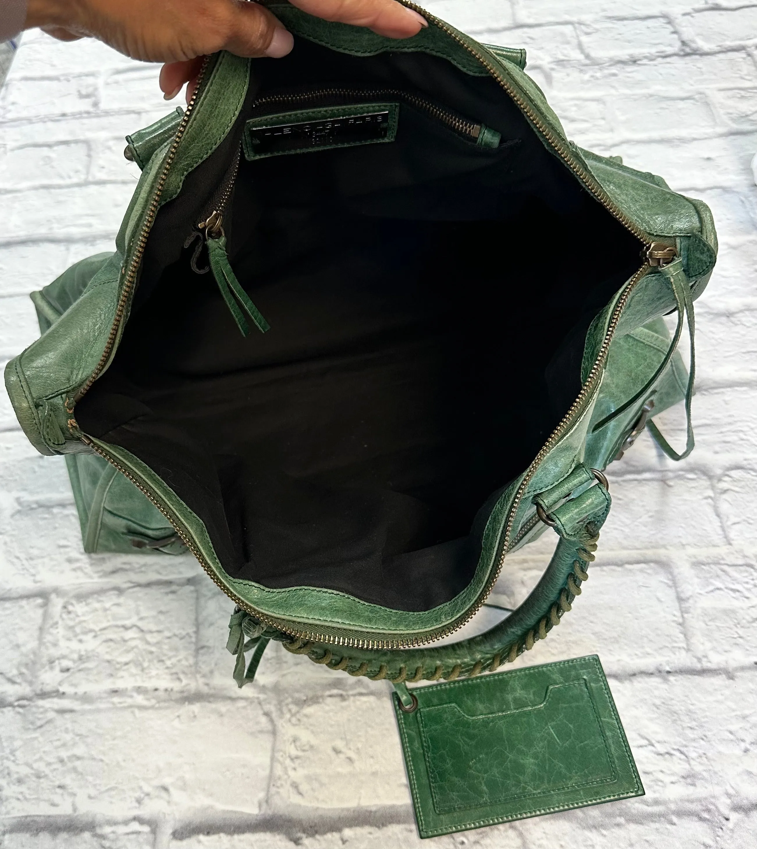 Balenciaga Green Crinkled Leather Large City Bag