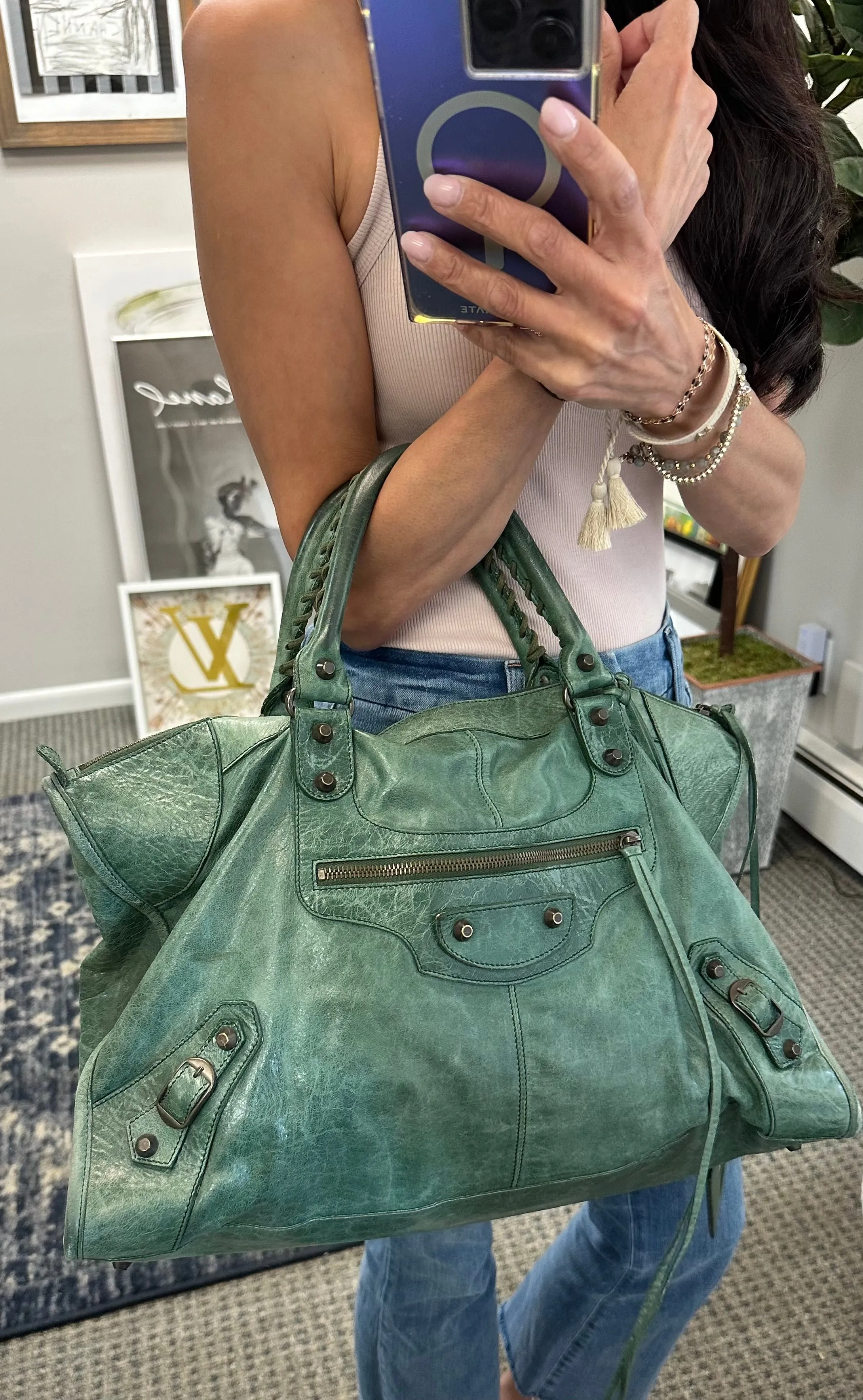 Balenciaga Green Crinkled Leather Large City Bag