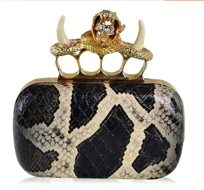 Black Brown Snake Skin Bone Diamante Skulls Ring Punk Rock Gothic Evening Clutch Purse