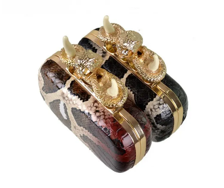 Black Brown Snake Skin Bone Diamante Skulls Ring Punk Rock Gothic Evening Clutch Purse