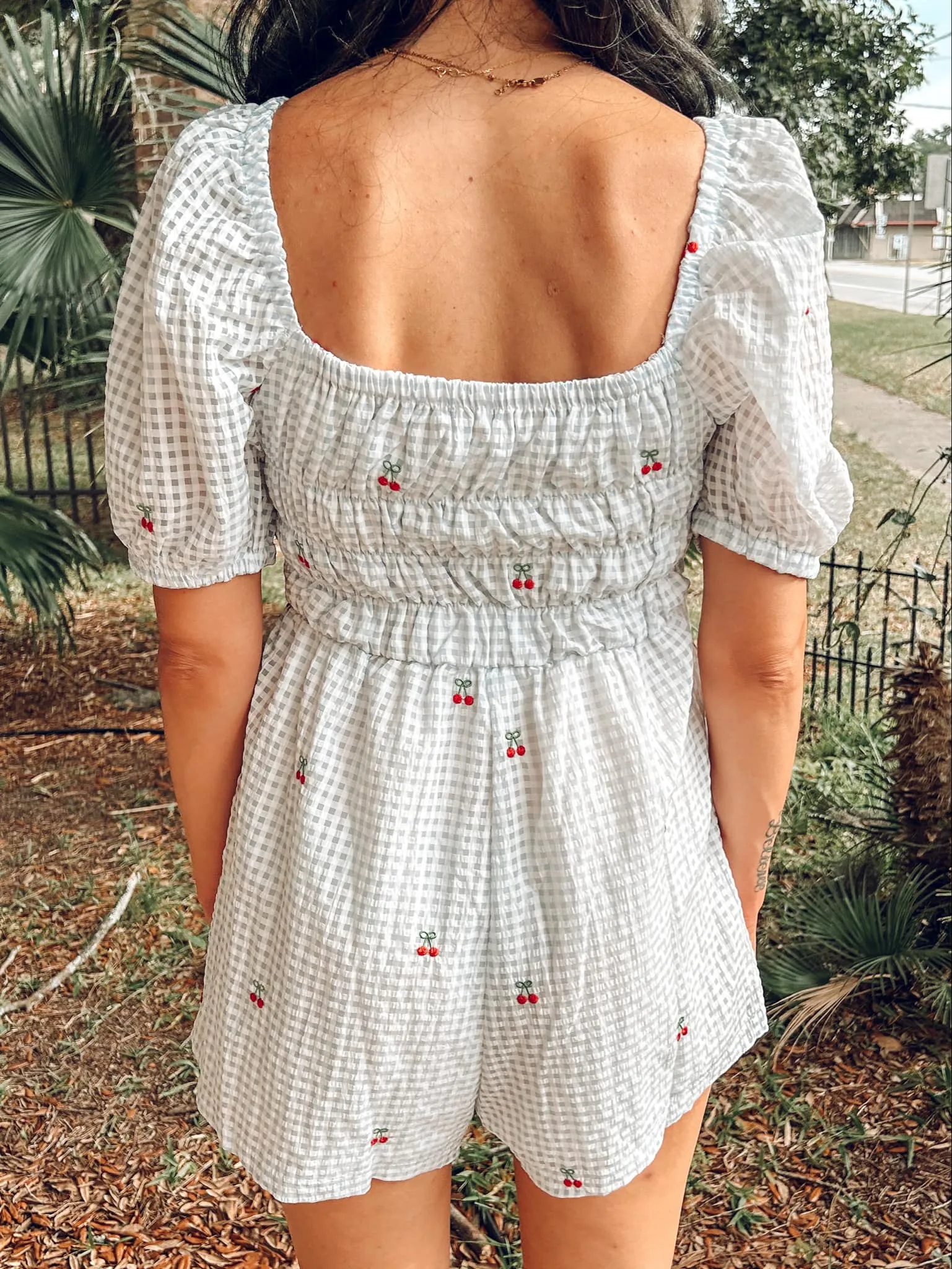 Cherry Gingham Romper | Blue