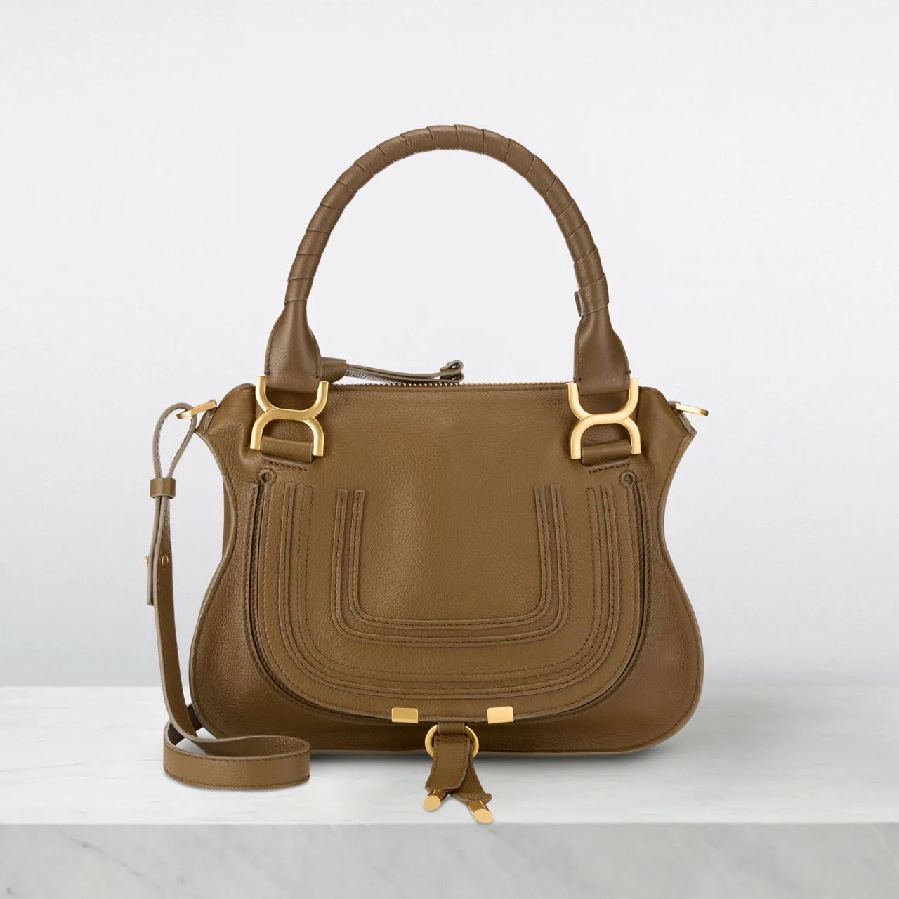 CHLOÉ The Sustainable Edit Marcie Small Leather Satchel - Dark Khaki