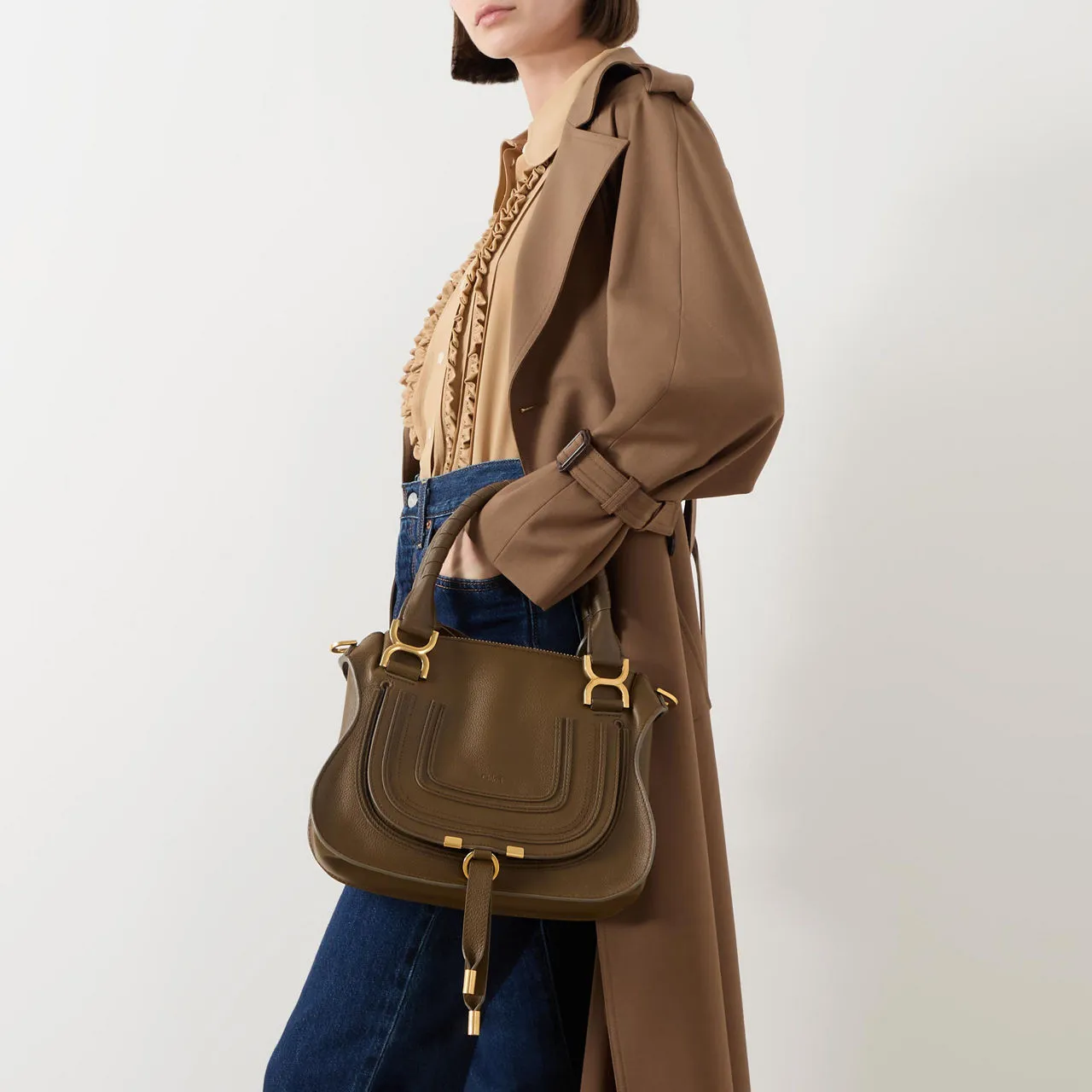 CHLOÉ The Sustainable Edit Marcie Small Leather Satchel - Dark Khaki