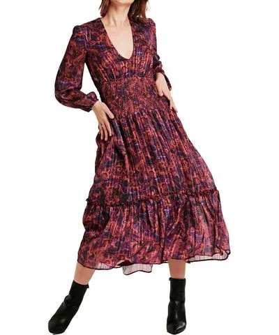 DEAR JOHN Amellia Deep V Dress In Plum Paisley