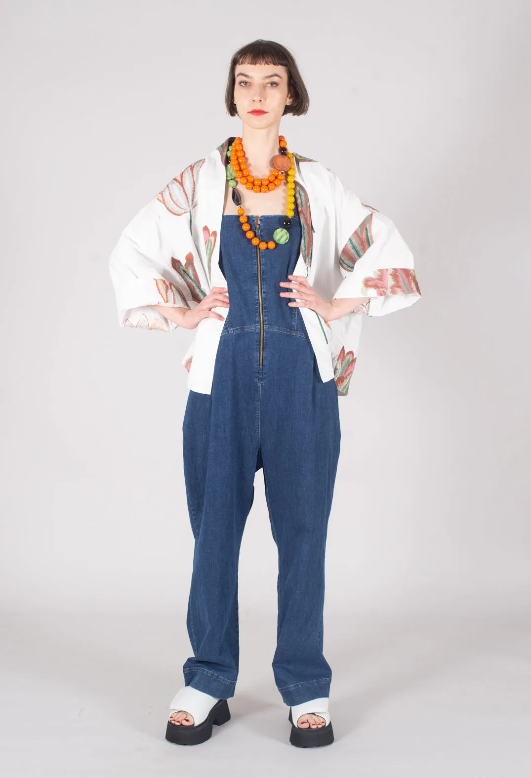 Drop Crotch Denim Jumpsuit in Blue