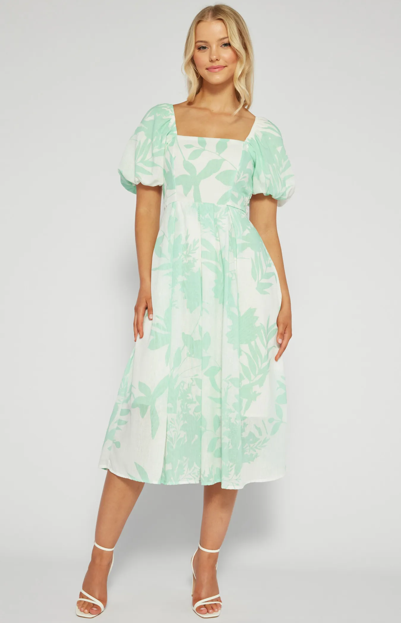 Faux Linen Tropic Print Pleated Midi Dress (SDR1476A)