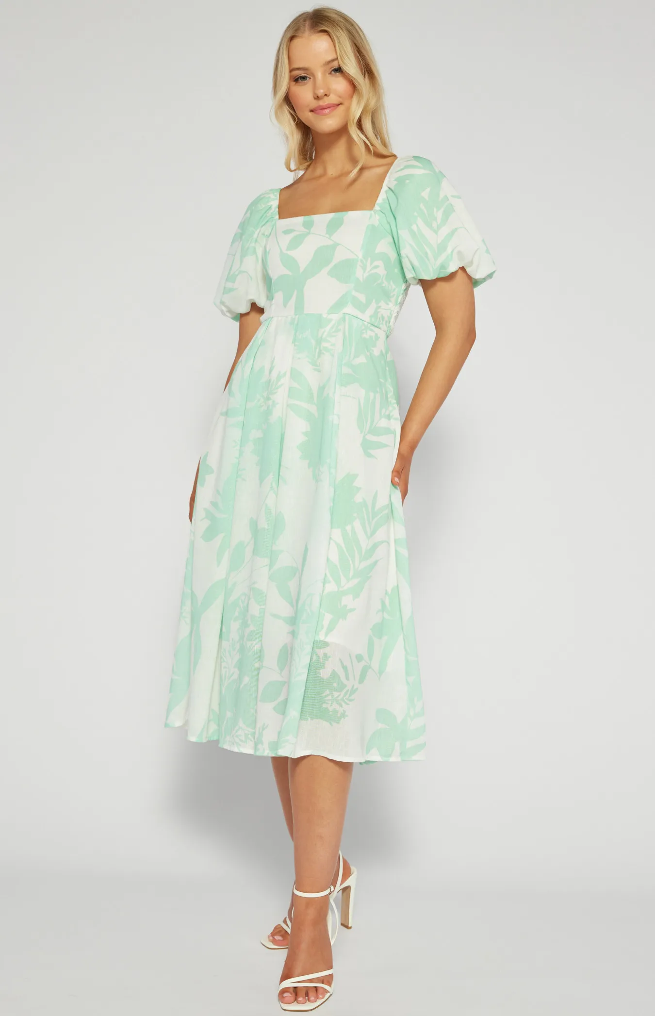 Faux Linen Tropic Print Pleated Midi Dress (SDR1476A)