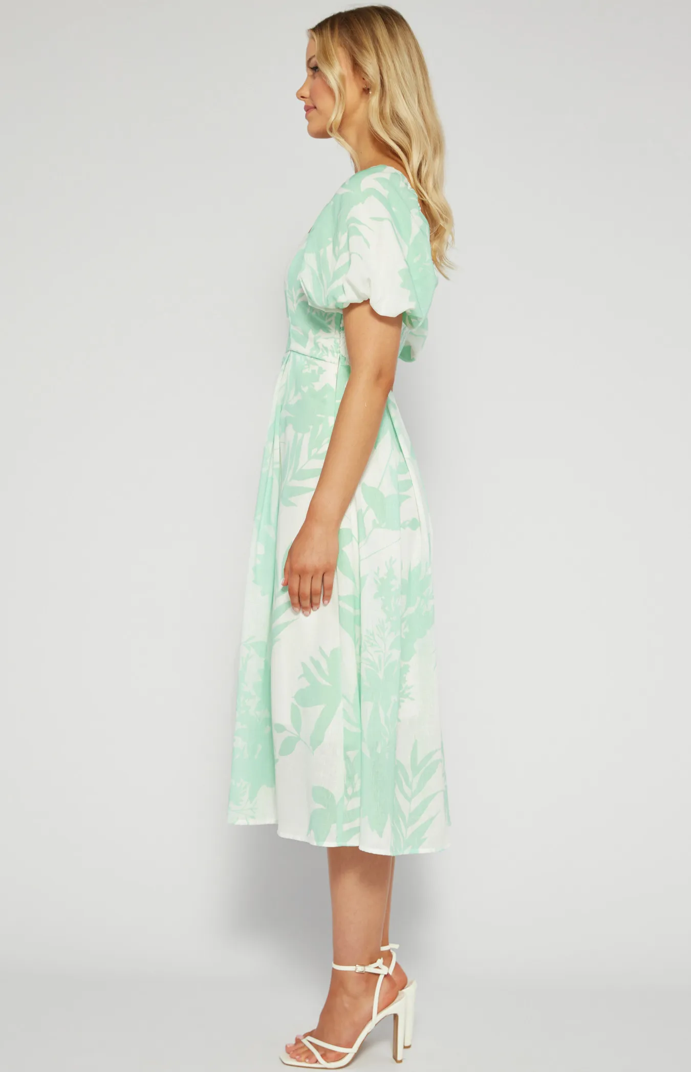 Faux Linen Tropic Print Pleated Midi Dress (SDR1476A)