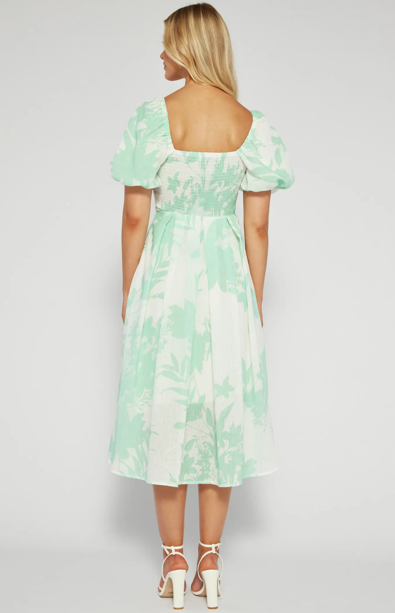 Faux Linen Tropic Print Pleated Midi Dress (SDR1476A)