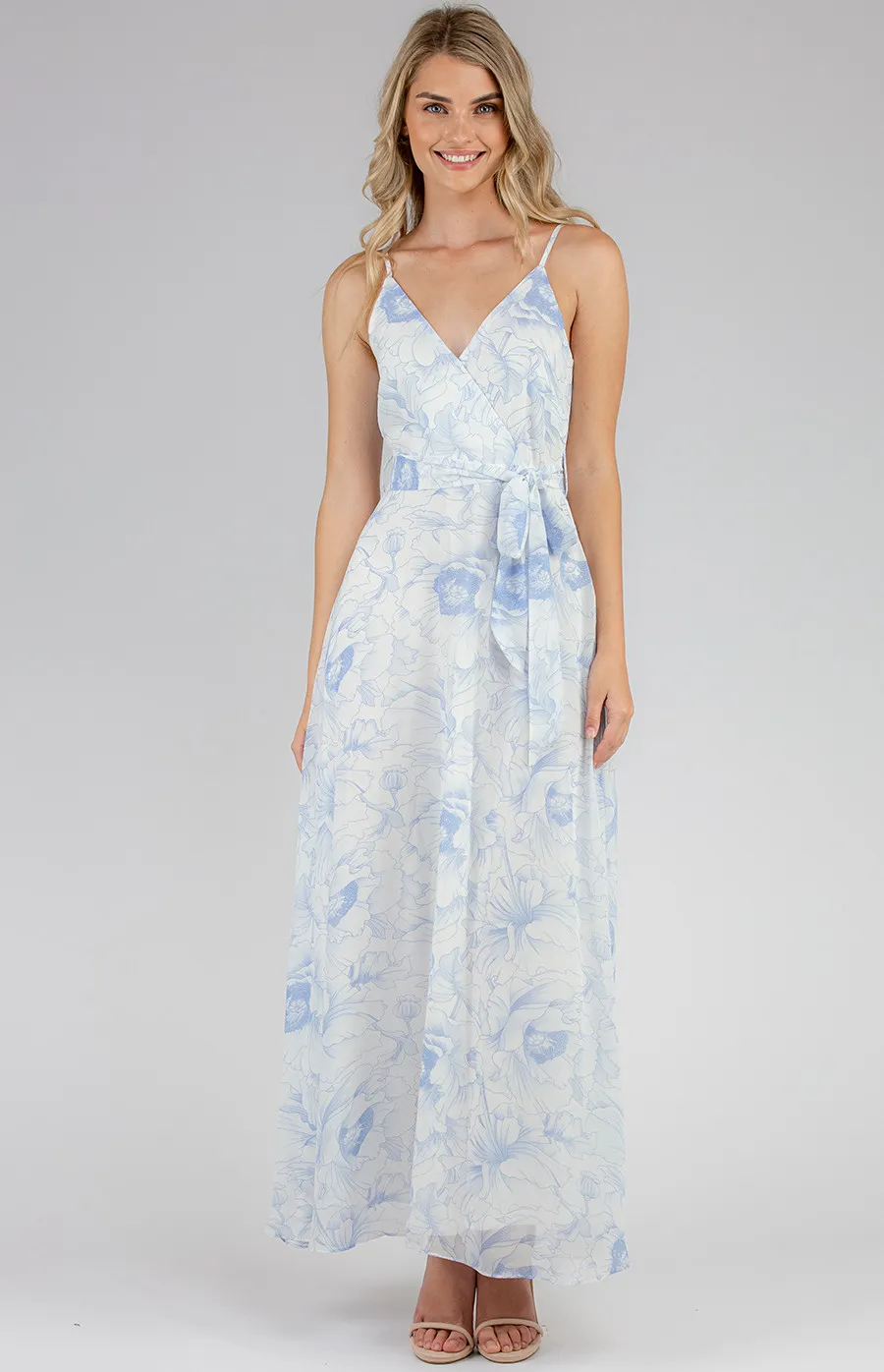 Floral Singlet Strap Maxi Dress with Belt (ADR987B)