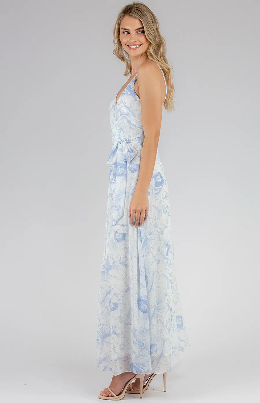 Floral Singlet Strap Maxi Dress with Belt (ADR987B)