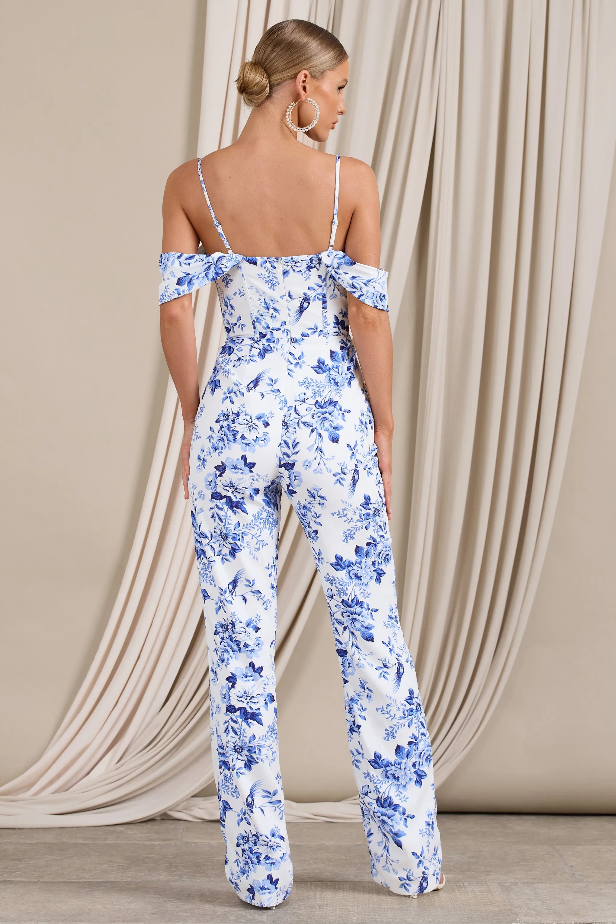 From The Vine | Blue Floral Strappy Drape-Sleeved Corset Jumpsuit