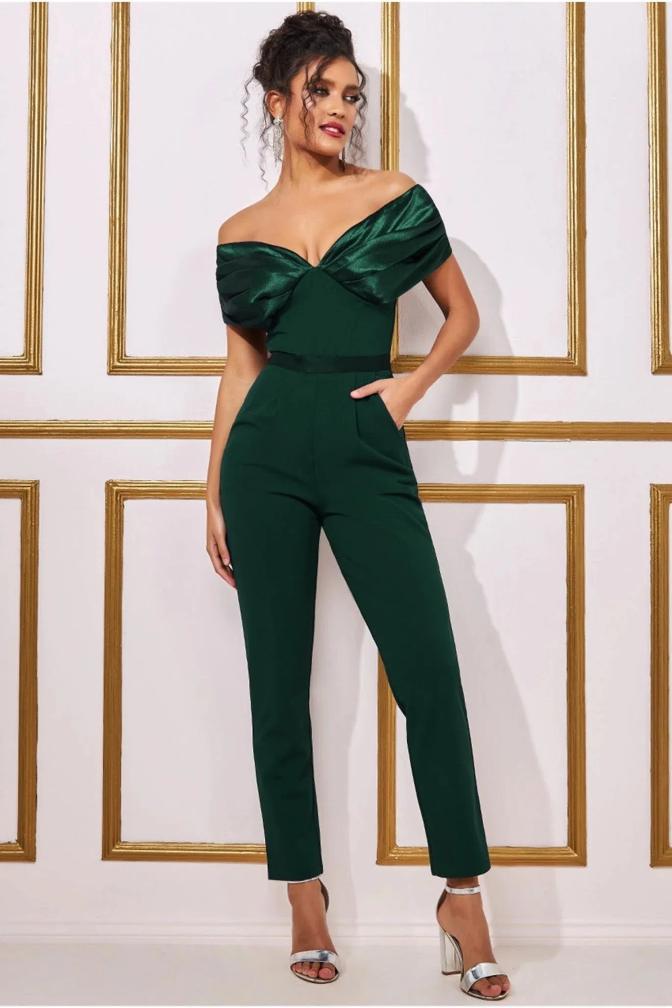 Goddiva Corset Bodice Scuba & Satin Bardot Jumpsuit