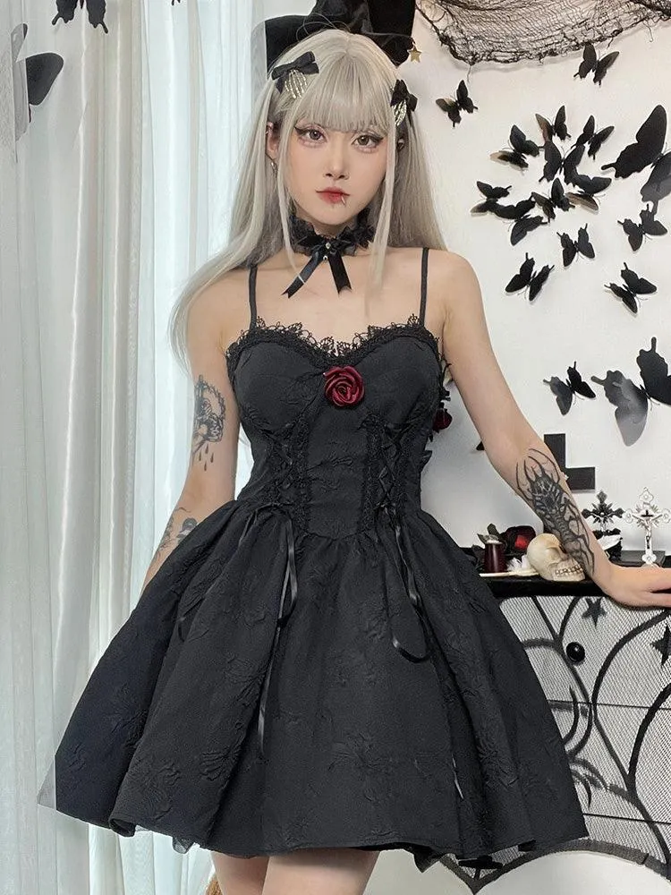 Goth Print Rose Lace Up A Line Dress