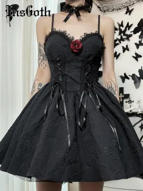 Goth Print Rose Lace Up A Line Dress