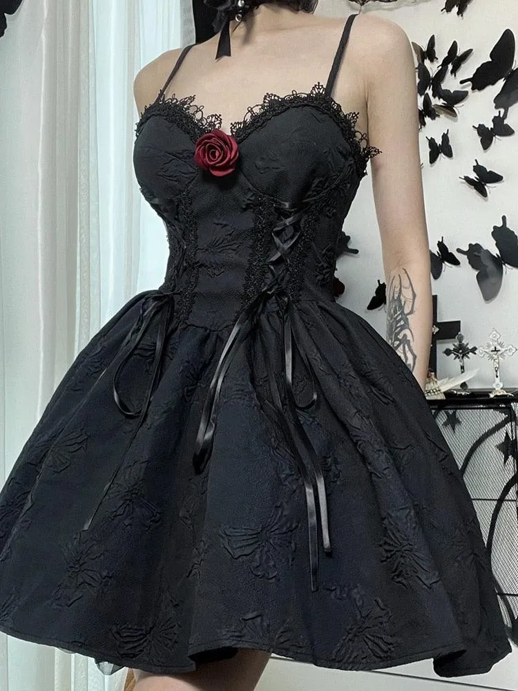 Goth Print Rose Lace Up A Line Dress