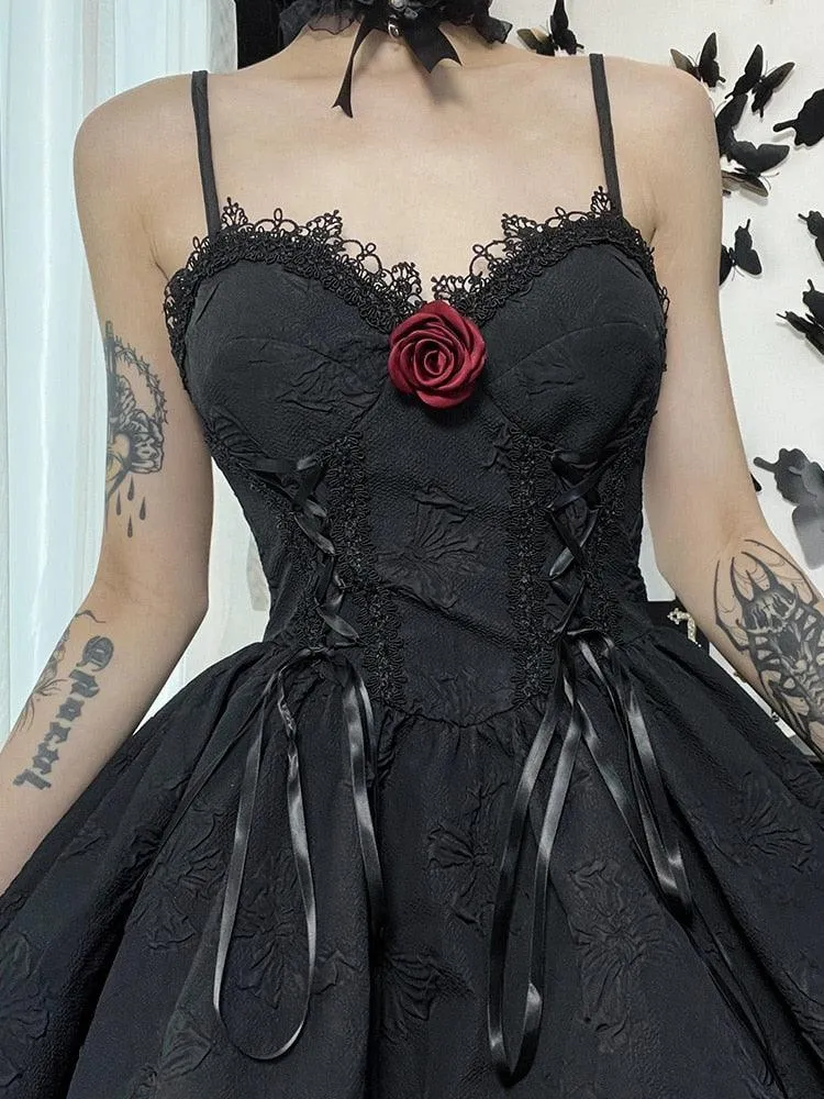 Goth Print Rose Lace Up A Line Dress