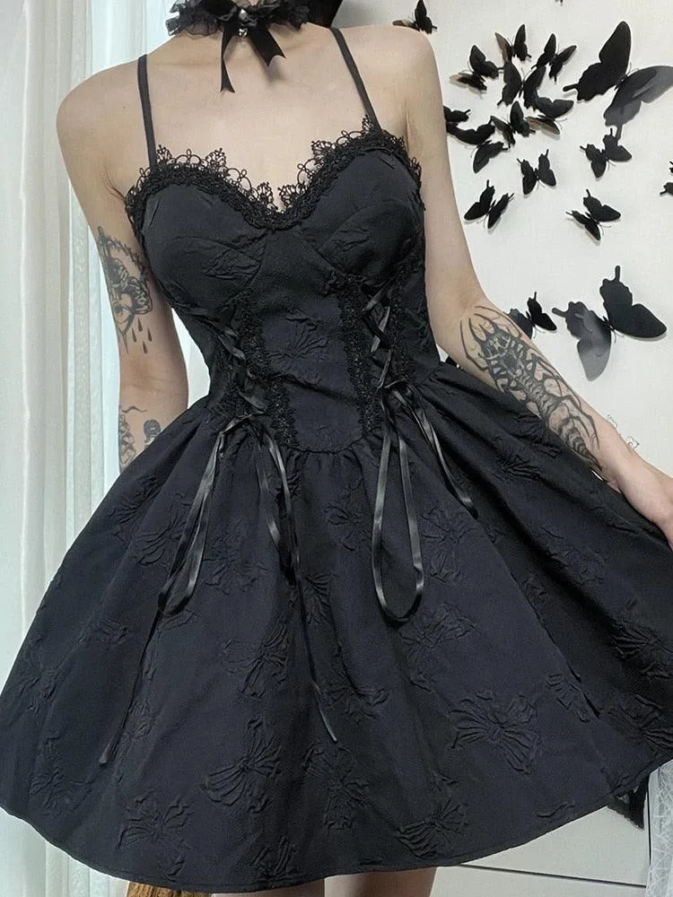 Goth Print Rose Lace Up A Line Dress