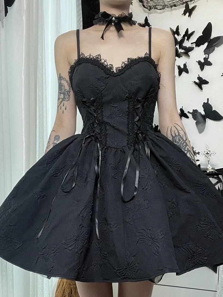 Goth Print Rose Lace Up A Line Dress