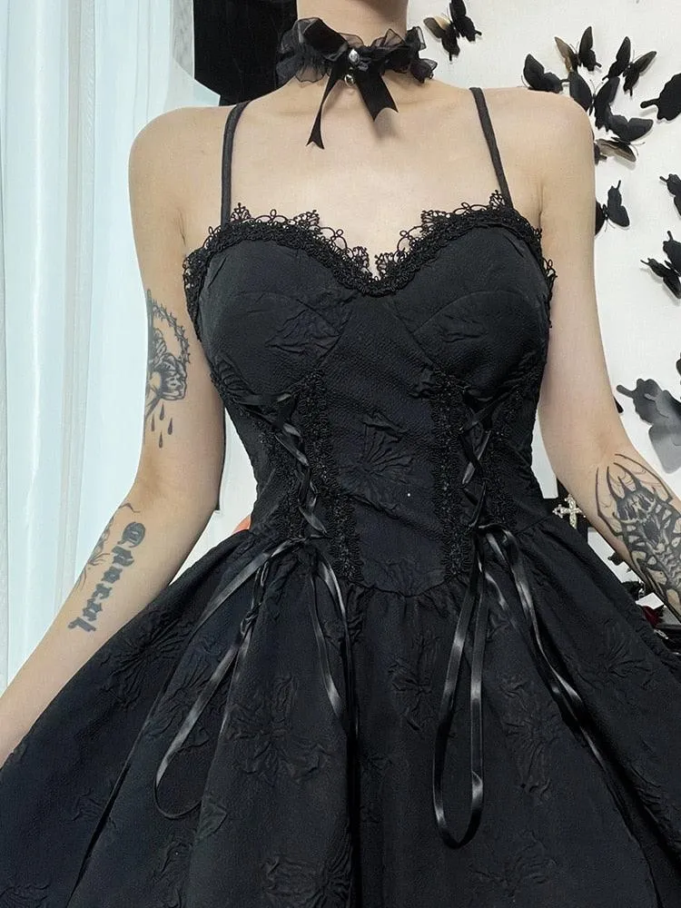 Goth Print Rose Lace Up A Line Dress