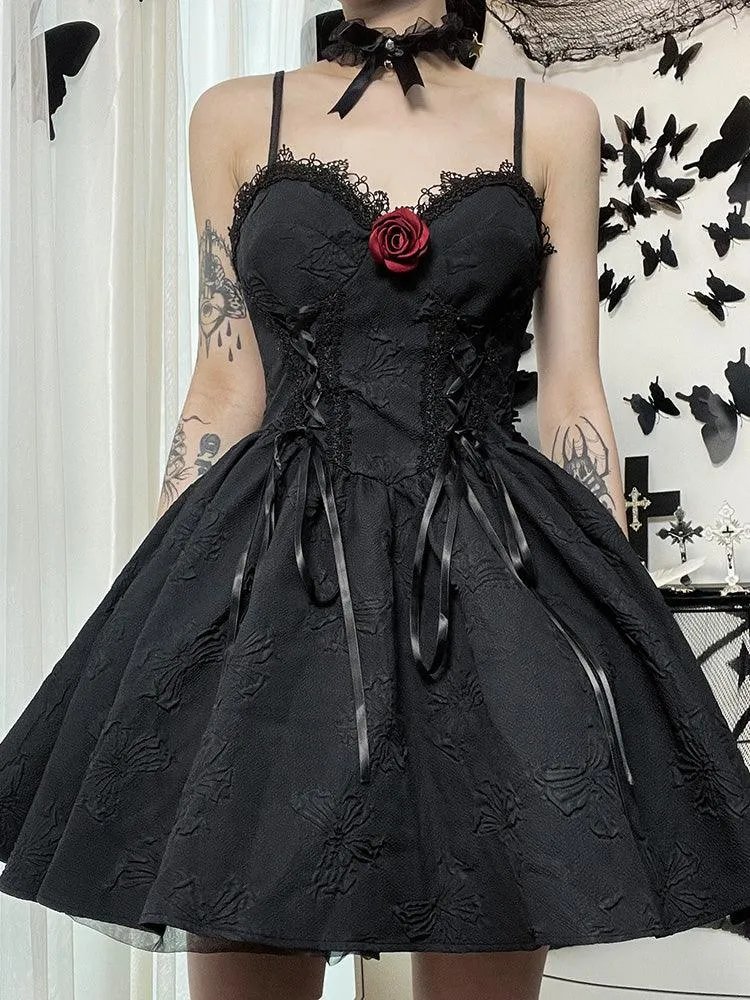 Goth Print Rose Lace Up A Line Dress