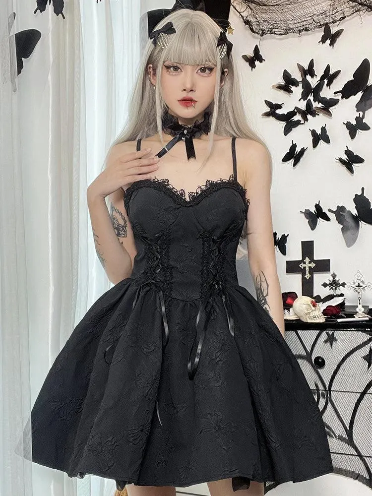 Goth Print Rose Lace Up A Line Dress