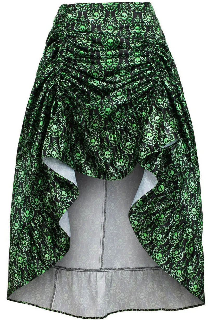 Green & Black Skull Satin Adjustable High Low Skirt