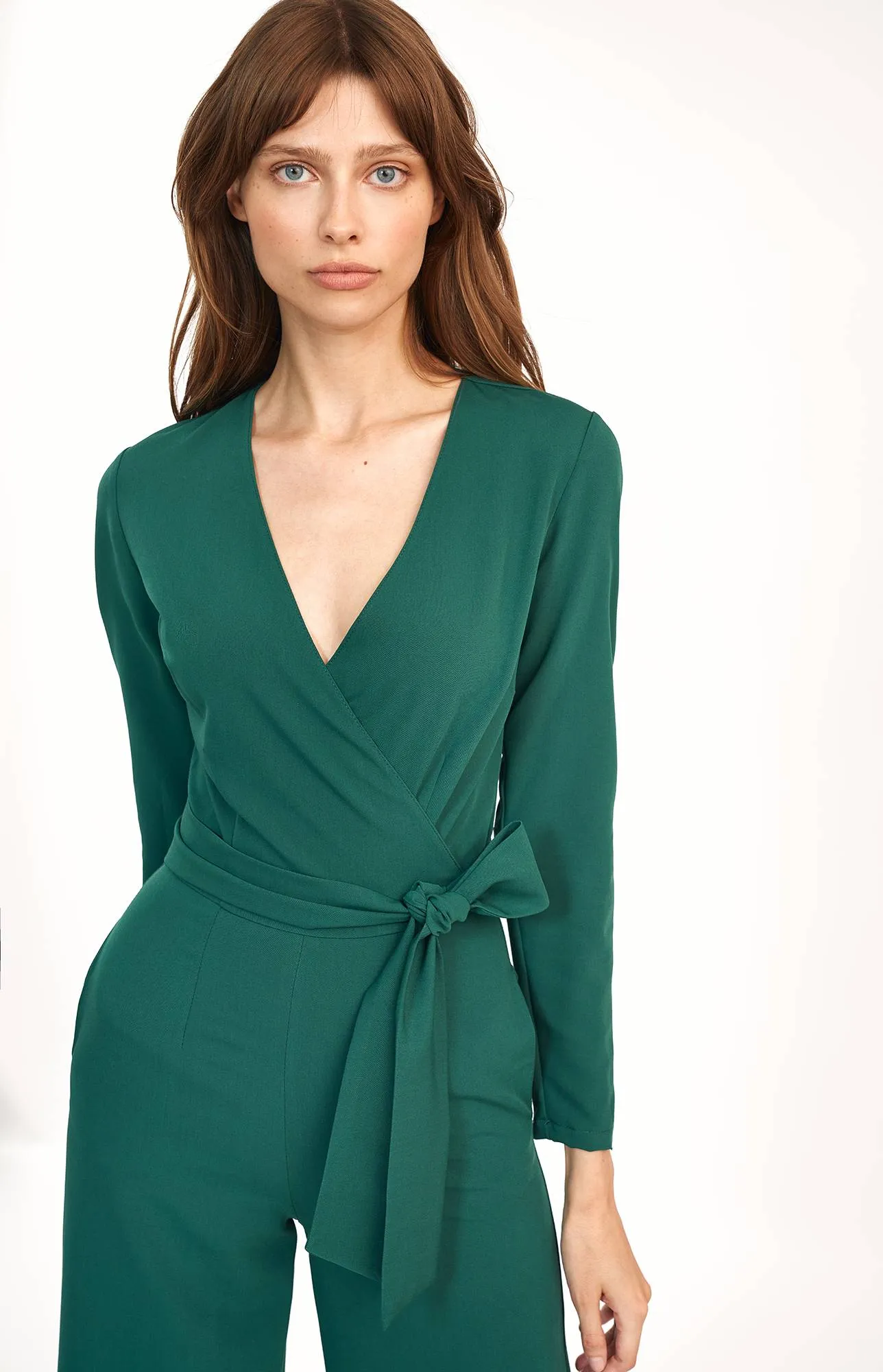 Green wrap neckline jumpsuit