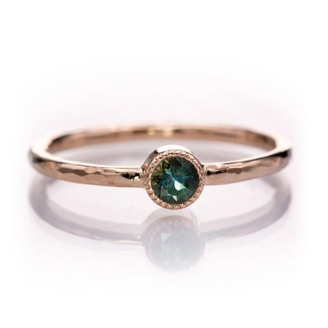 Green/Blue Teal Montana Sapphire Milgrain Textured Bezel Skinny Stacking Solitaire Ring