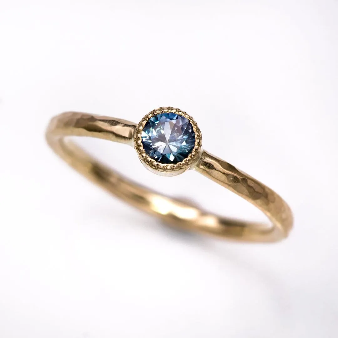 Green/Blue Teal Montana Sapphire Milgrain Textured Bezel Skinny Stacking Solitaire Ring