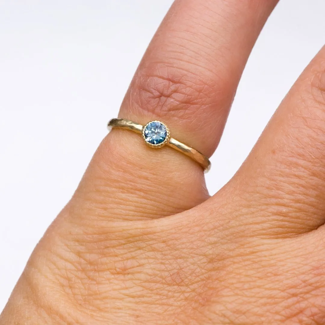 Green/Blue Teal Montana Sapphire Milgrain Textured Bezel Skinny Stacking Solitaire Ring