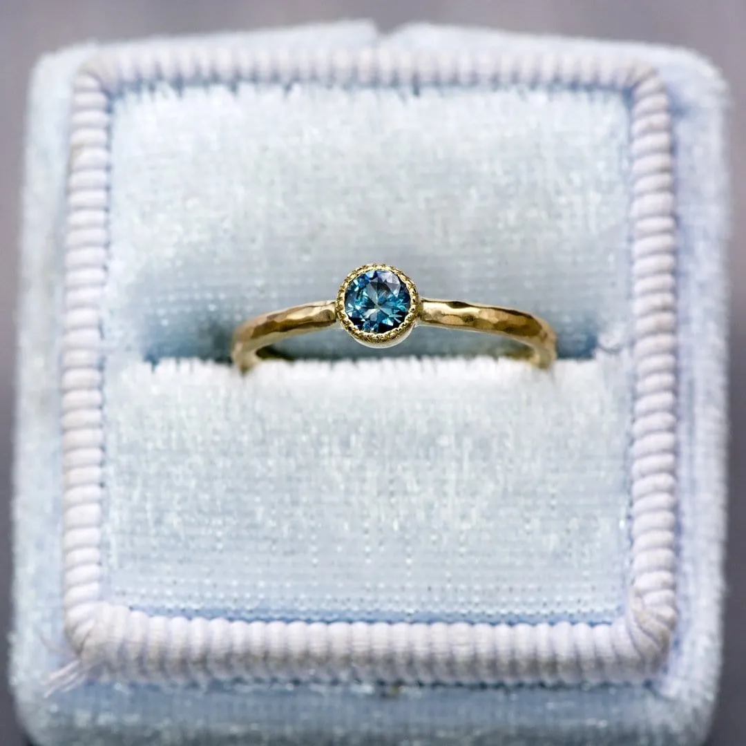 Green/Blue Teal Montana Sapphire Milgrain Textured Bezel Skinny Stacking Solitaire Ring