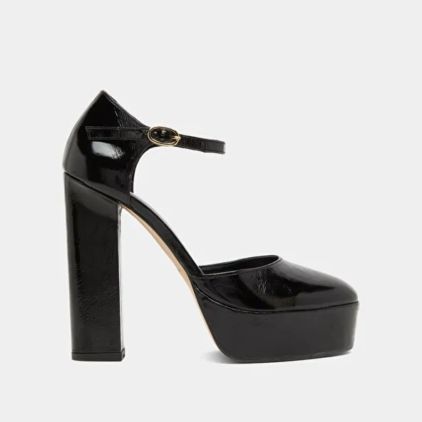 Heeled Mary Jane and platforms in black glazed leather