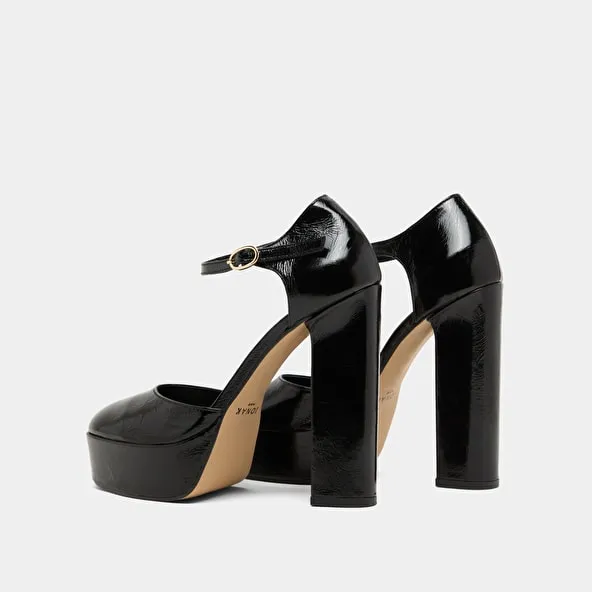 Heeled Mary Jane and platforms in black glazed leather