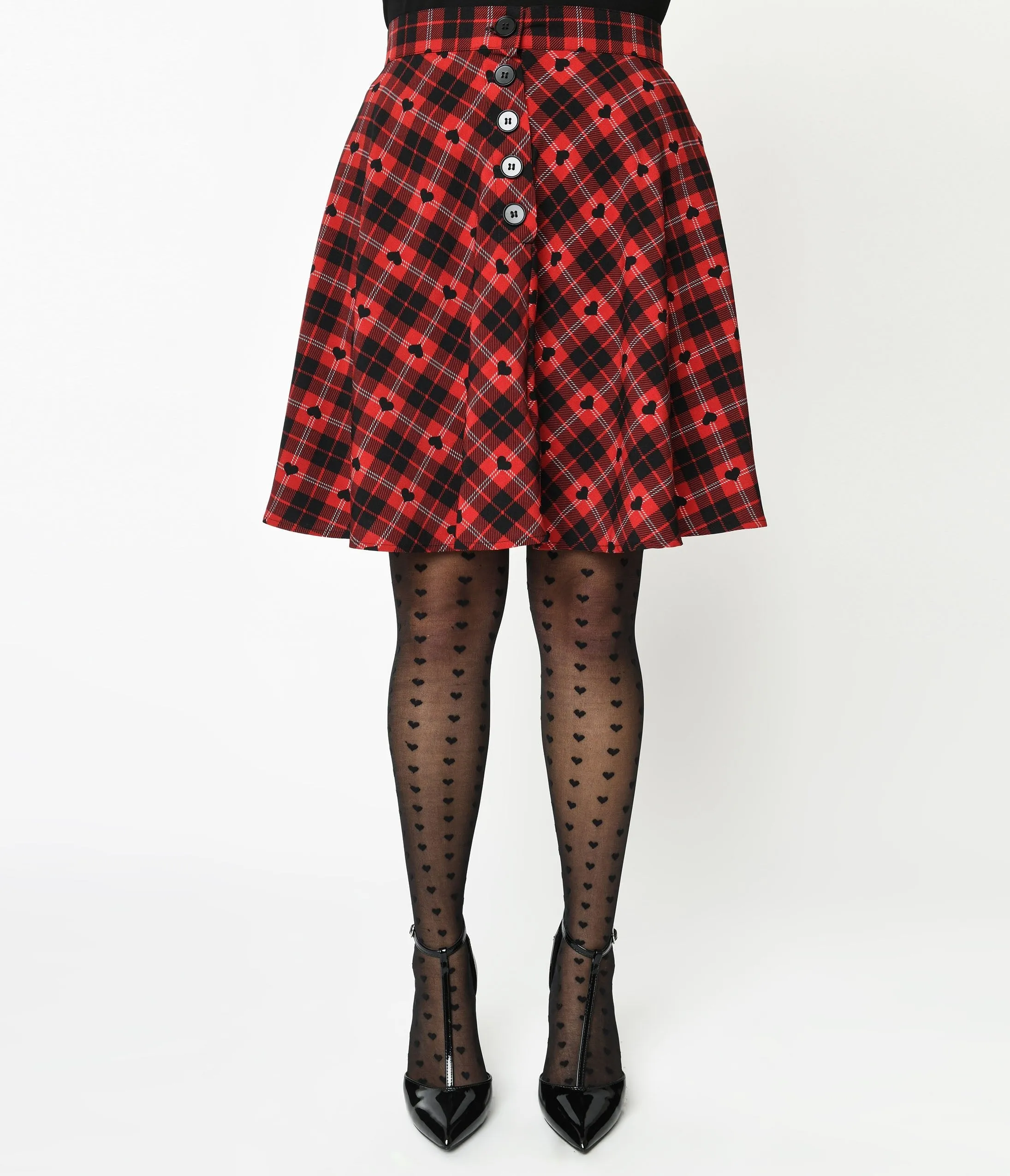 Hell Bunny Red & Black Heart Plaid Date Night Skirt