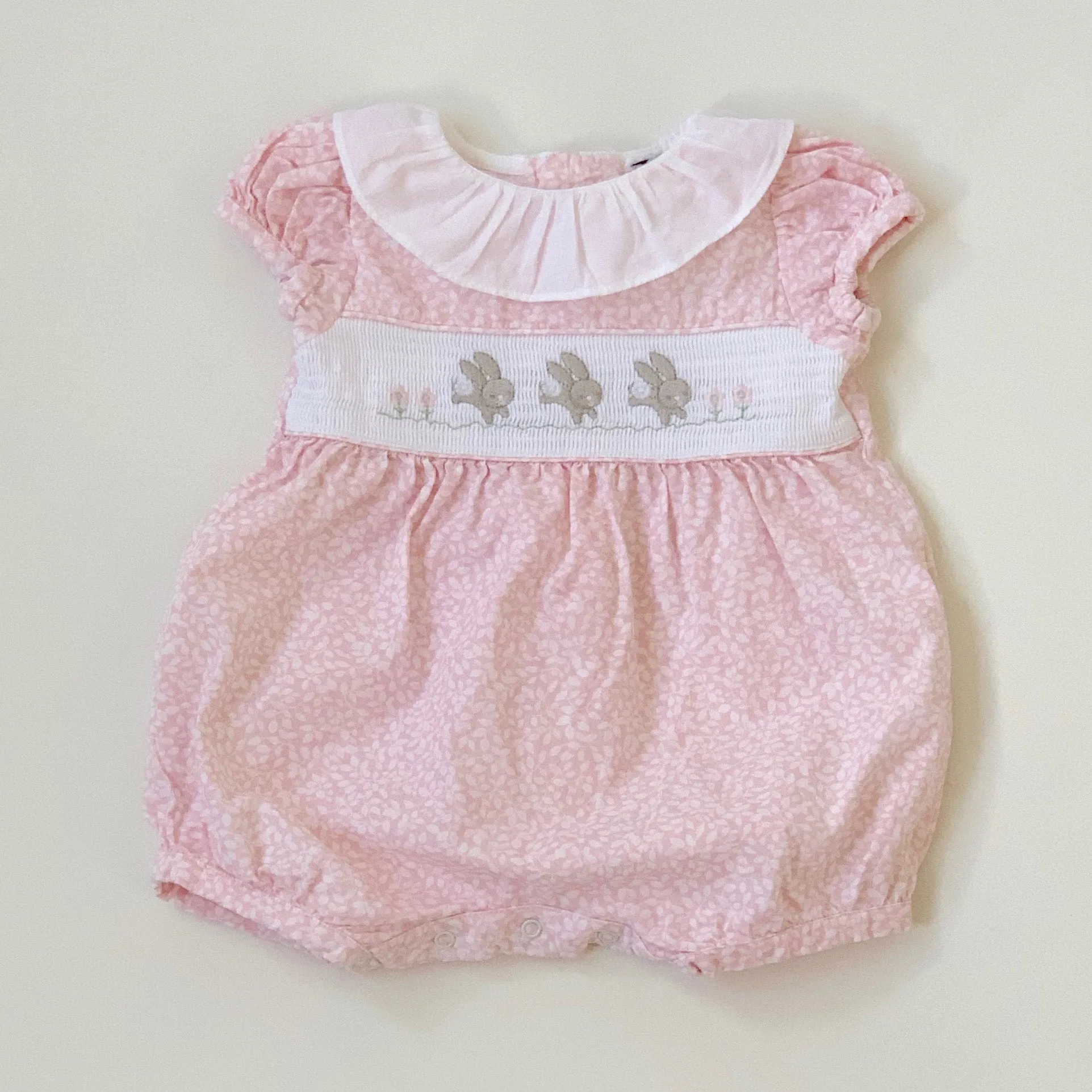 Lapinou Pink And White Bunny Romper With Smocking: 1 Month