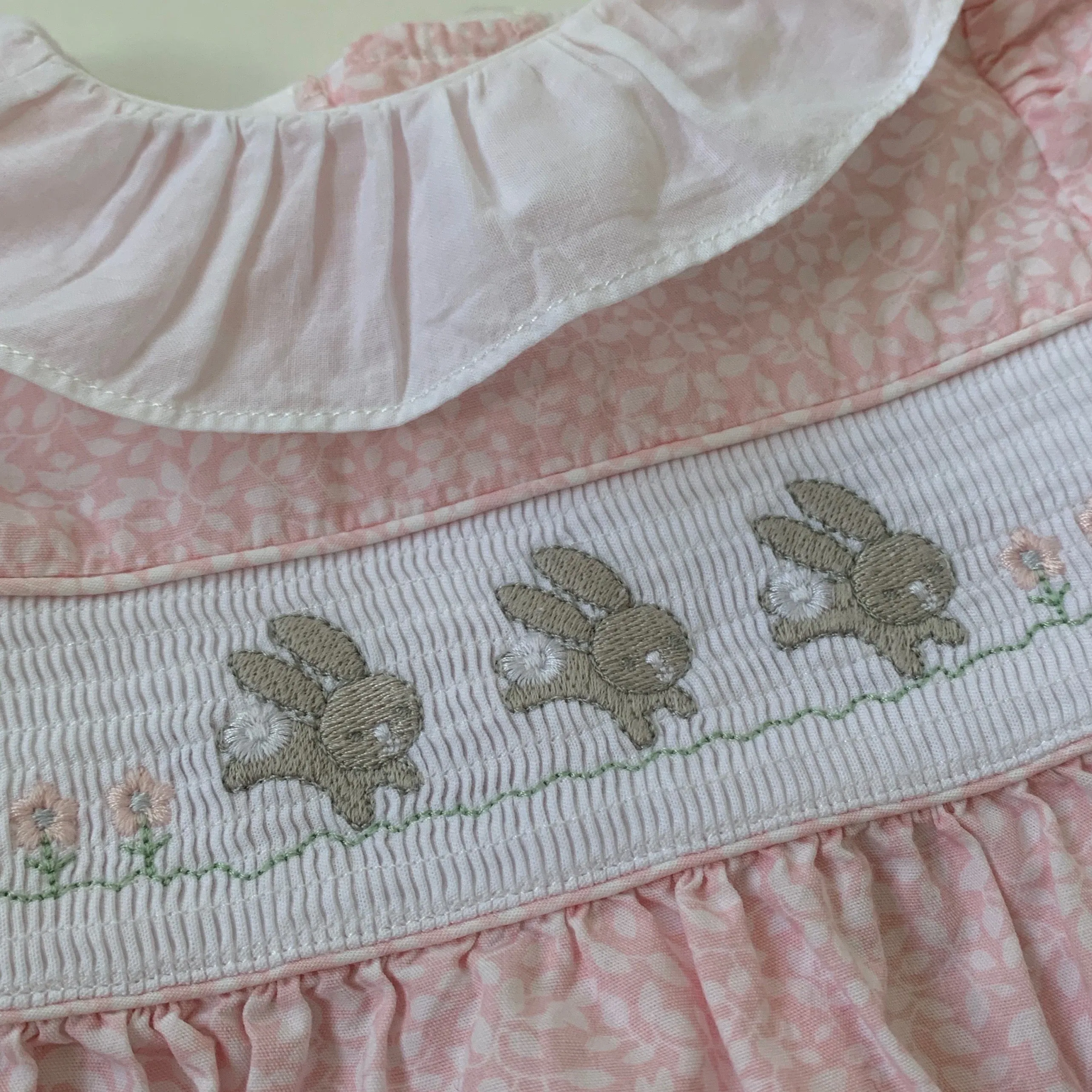 Lapinou Pink And White Bunny Romper With Smocking: 1 Month