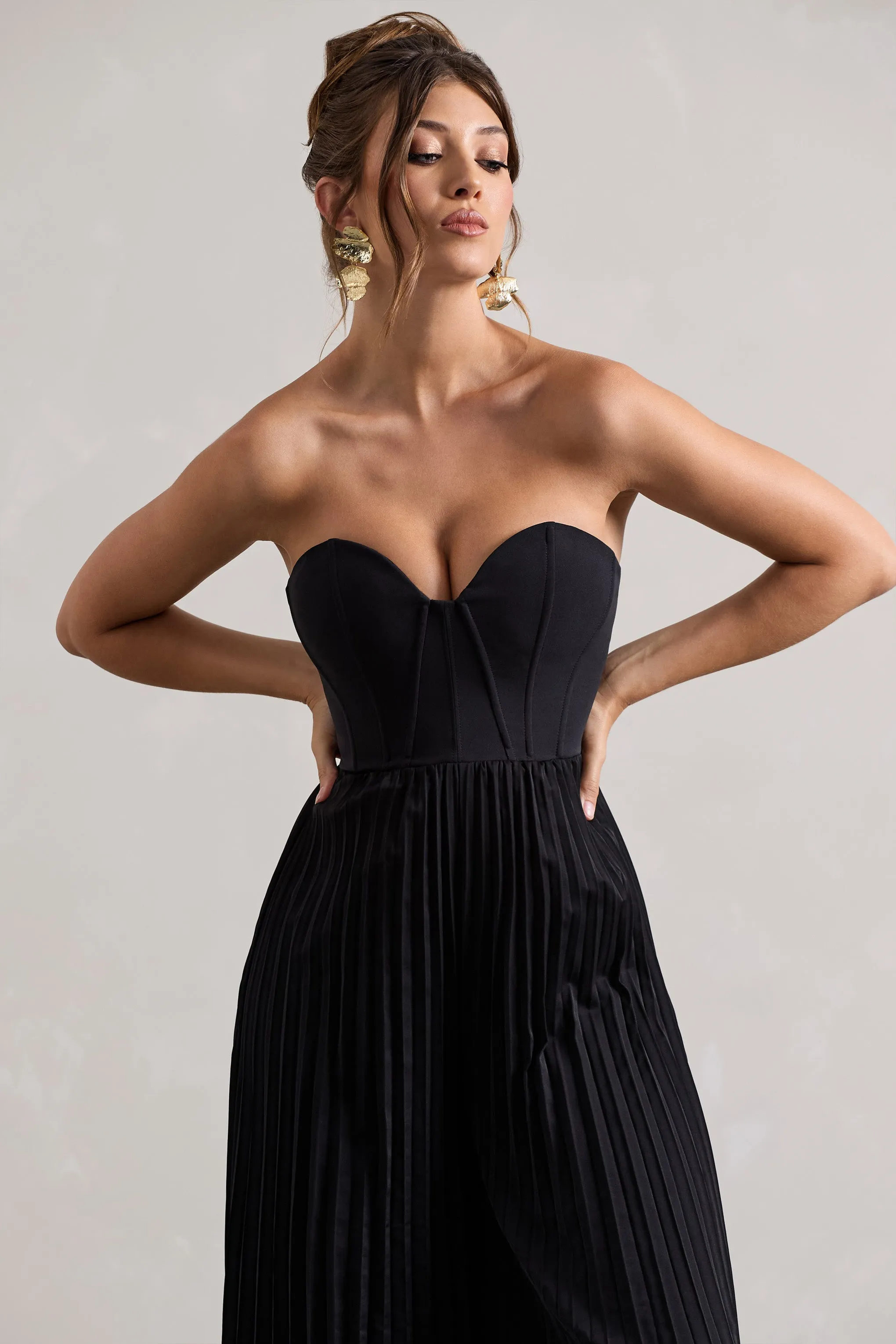 Lorelai | Black Corset Plisse Wide-Leg Jumpsuit