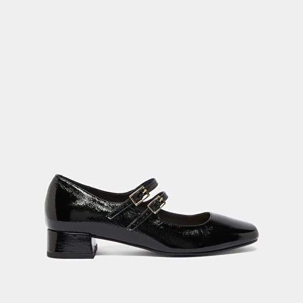 Mary Jane with double straps in black pleated patent leather