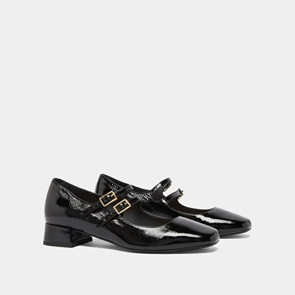 Mary Jane with double straps in black pleated patent leather